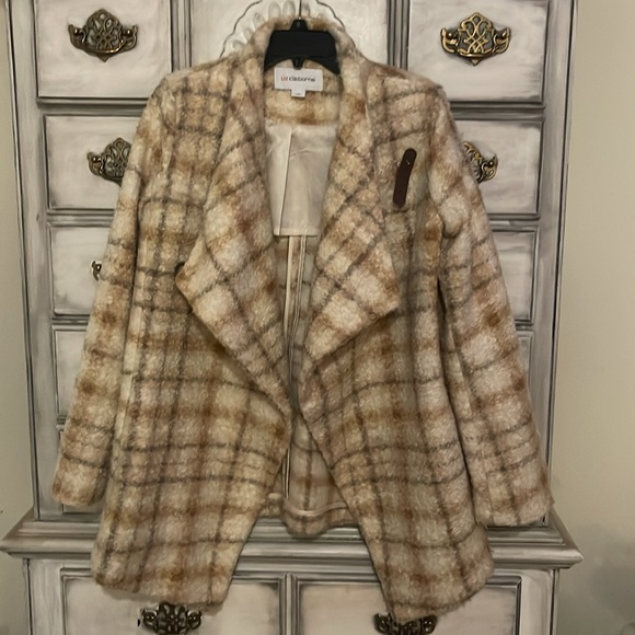 Liz Claiborne Womens Crossover Beige Plaid Loose Knit Soft Dress Coat size S - Picture 7 of 7